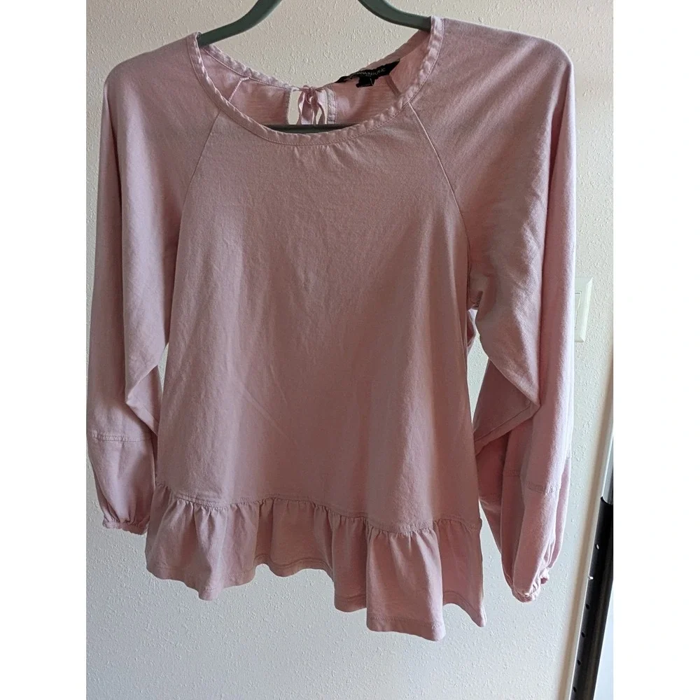 Banana Republic Pink Cotton Peplum‎ Top Long Sleeve Back Tie Keyhole Small